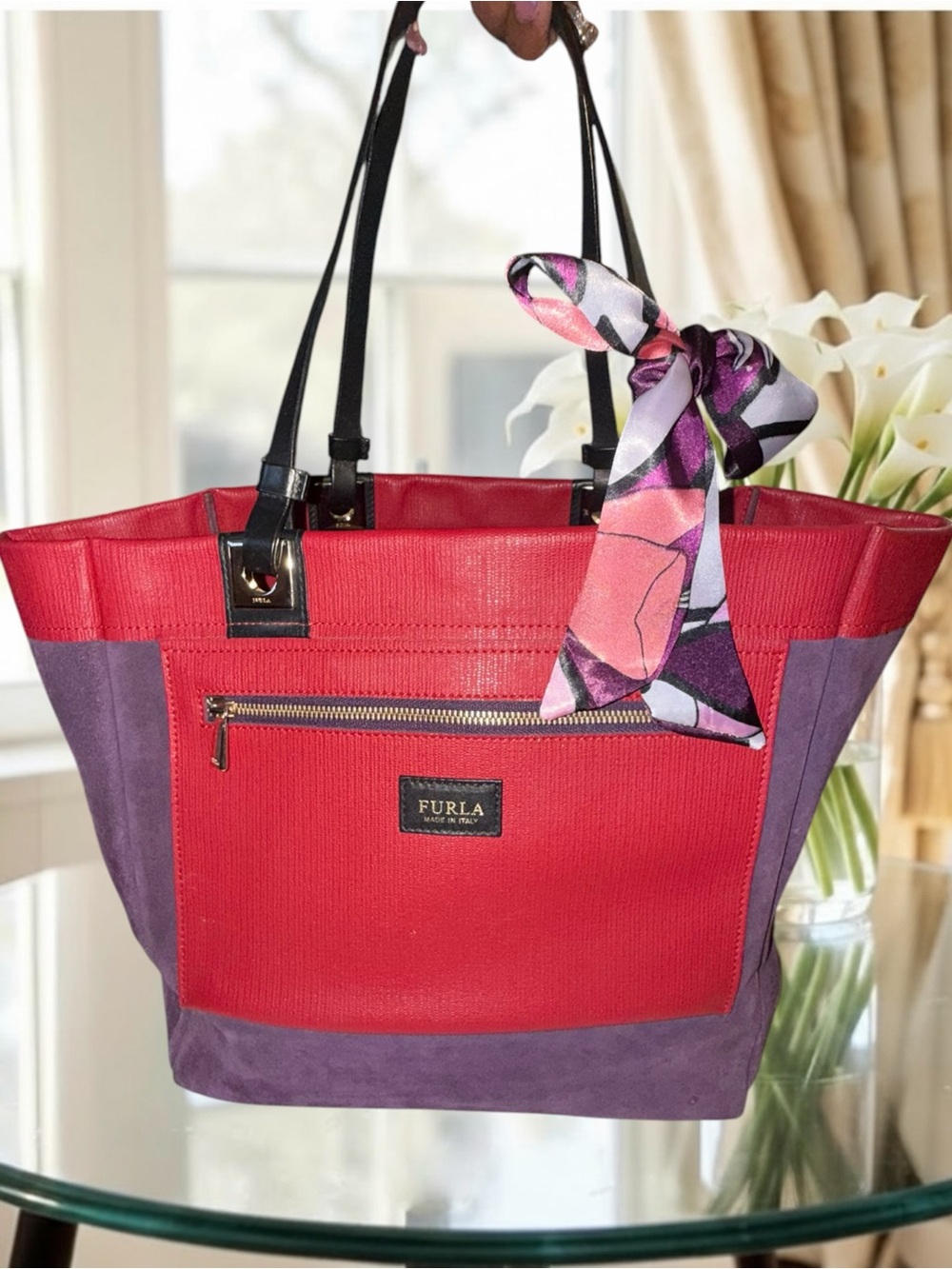 Furla Tribe REVERSIBLE Tote Bag Red Purple Suede Leather Made In Italy - Picture 3 of 10
